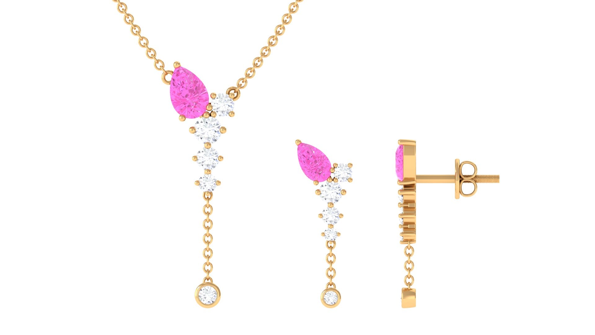 Minimal Pink Sapphire Dangle Necklace and Earrings Set with Diamond Pink Sapphire - ( AAA ) - Quality - Rosec Jewels