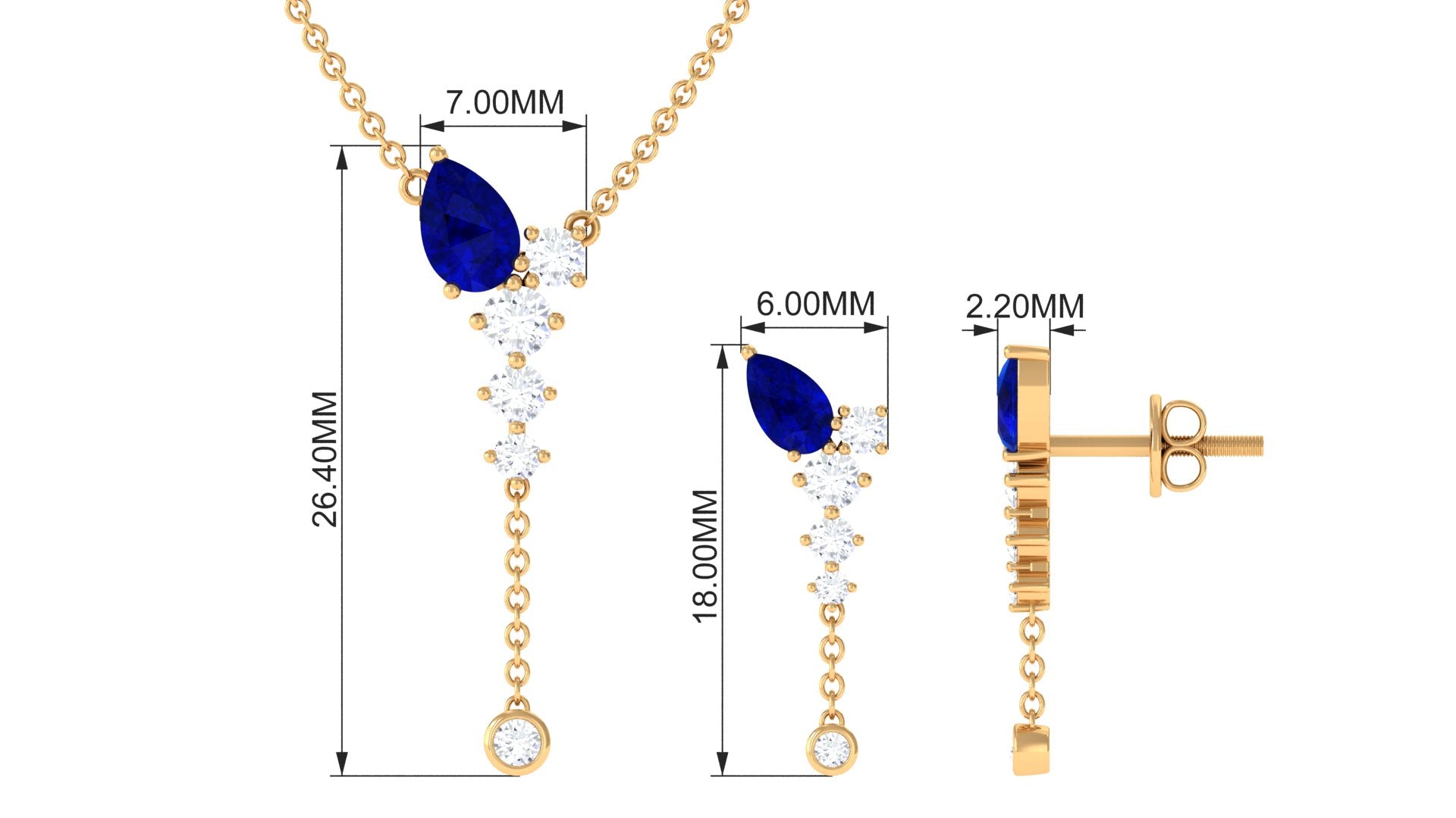 Minimal Created Blue Sapphire Dangle Necklace and Earrings Set with Diamond Lab Created Blue Sapphire - ( AAAA ) - Quality - Rosec Jewels