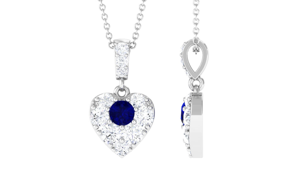 Natural Blue Sapphire and Moissanite Heart Pendant Necklace Blue Sapphire - ( AAA ) - Quality - Rosec Jewels