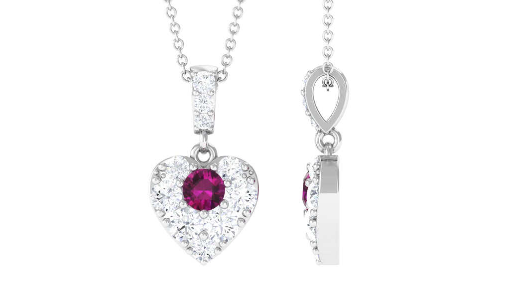 Round Rhodolite and Moissanite Heart Pendant with Decorative Bail Rhodolite - ( AAA ) - Quality - Rosec Jewels