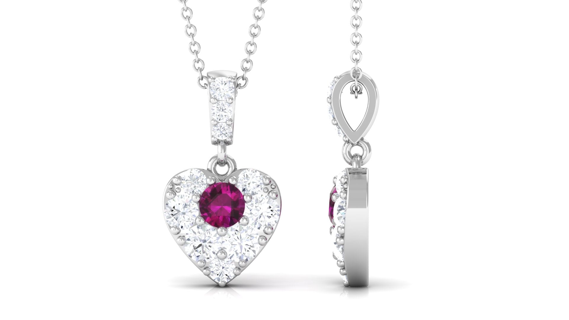 Round Rhodolite and Moissanite Heart Pendant with Decorative Bail Rhodolite - ( AAA ) - Quality - Rosec Jewels