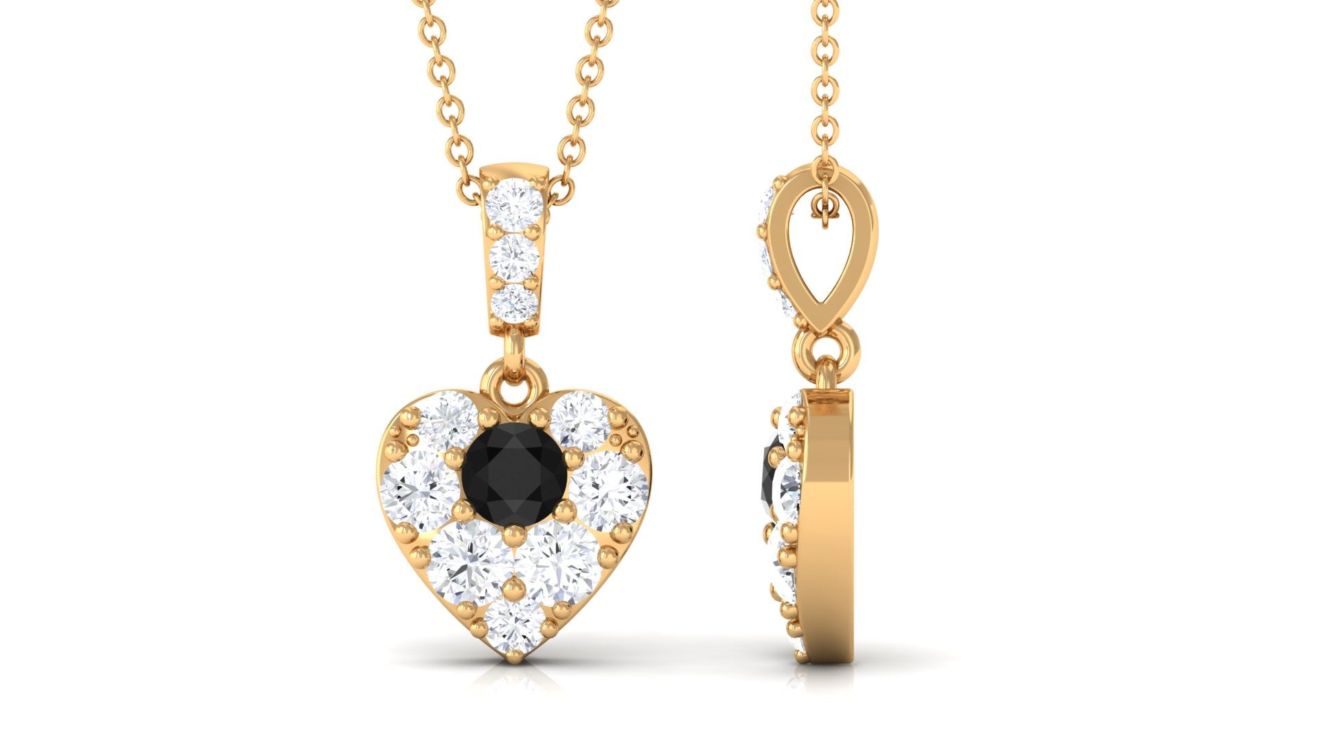 Round Black Spinel and Moissanite Heart Pendant with Decorative Bail Black Spinel - ( AAA ) - Quality - Rosec Jewels