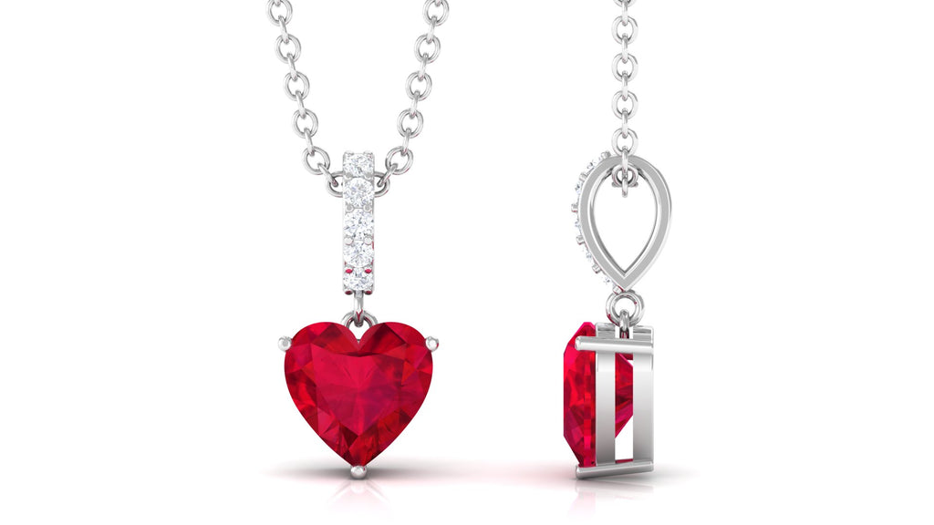 Heart Shape Created Ruby Solitaire Pendant with Diamond Lab Created Ruby - ( AAAA ) - Quality - Rosec Jewels