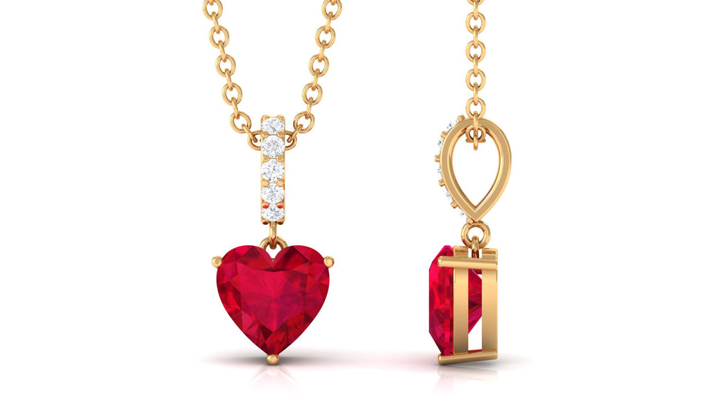 Heart Shape Created Ruby Solitaire Pendant with Diamond Lab Created Ruby - ( AAAA ) - Quality - Rosec Jewels