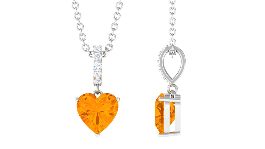 Heart Shape Fire Opal Solitaire Pendant with Diamond Accent Bail Fire Opal - ( AAA ) - Quality - Rosec Jewels