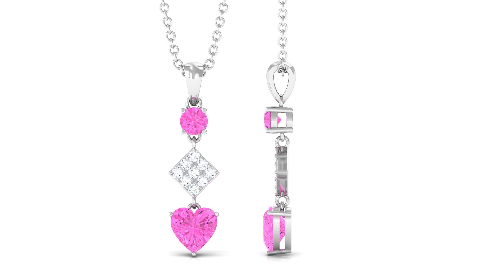 Heart and Round Shape Pink Sapphire and Diamond Dangle Pendant Pink Sapphire - ( AAA ) - Quality - Rosec Jewels