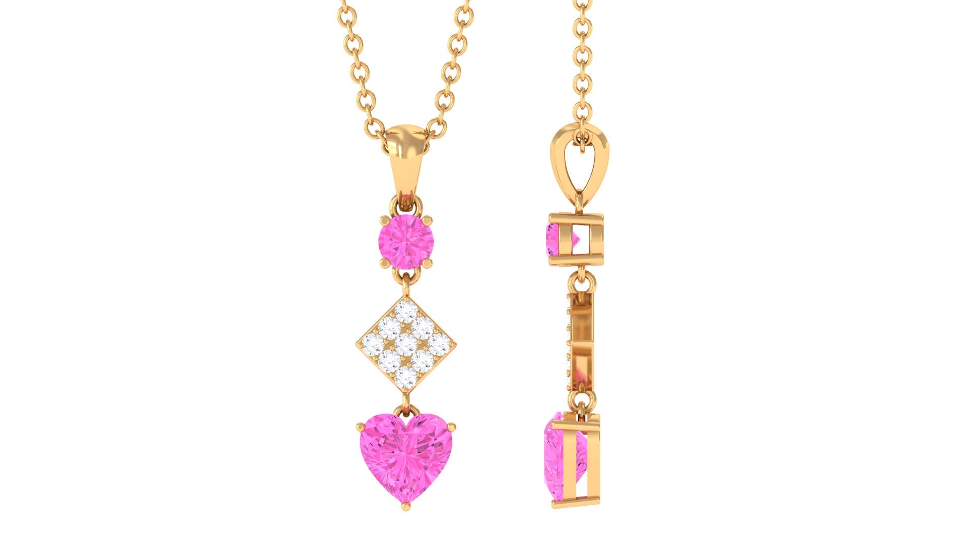Heart and Round Shape Pink Sapphire and Diamond Dangle Pendant Pink Sapphire - ( AAA ) - Quality - Rosec Jewels
