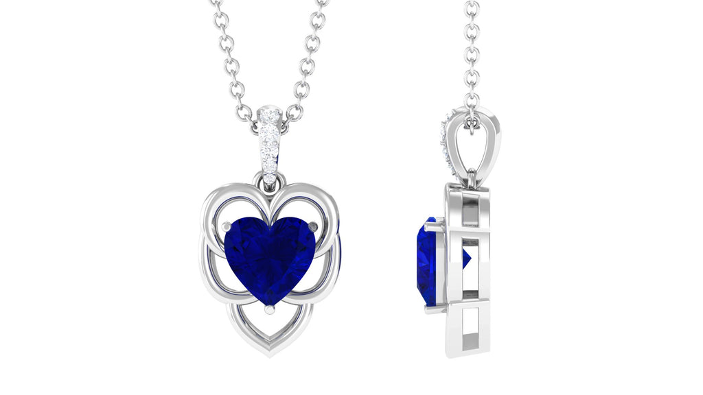 Heart Shape Created Blue Sapphire Leaf Pendant with Diamond Accent Bail Lab Created Blue Sapphire - ( AAAA ) - Quality - Rosec Jewels