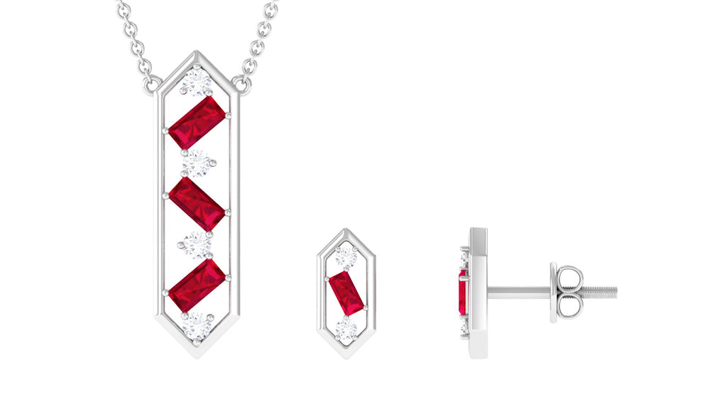 Contemporary Created Ruby and Diamond Dangle Jewelry Set Lab Created Ruby - ( AAAA ) - Quality - Rosec Jewels