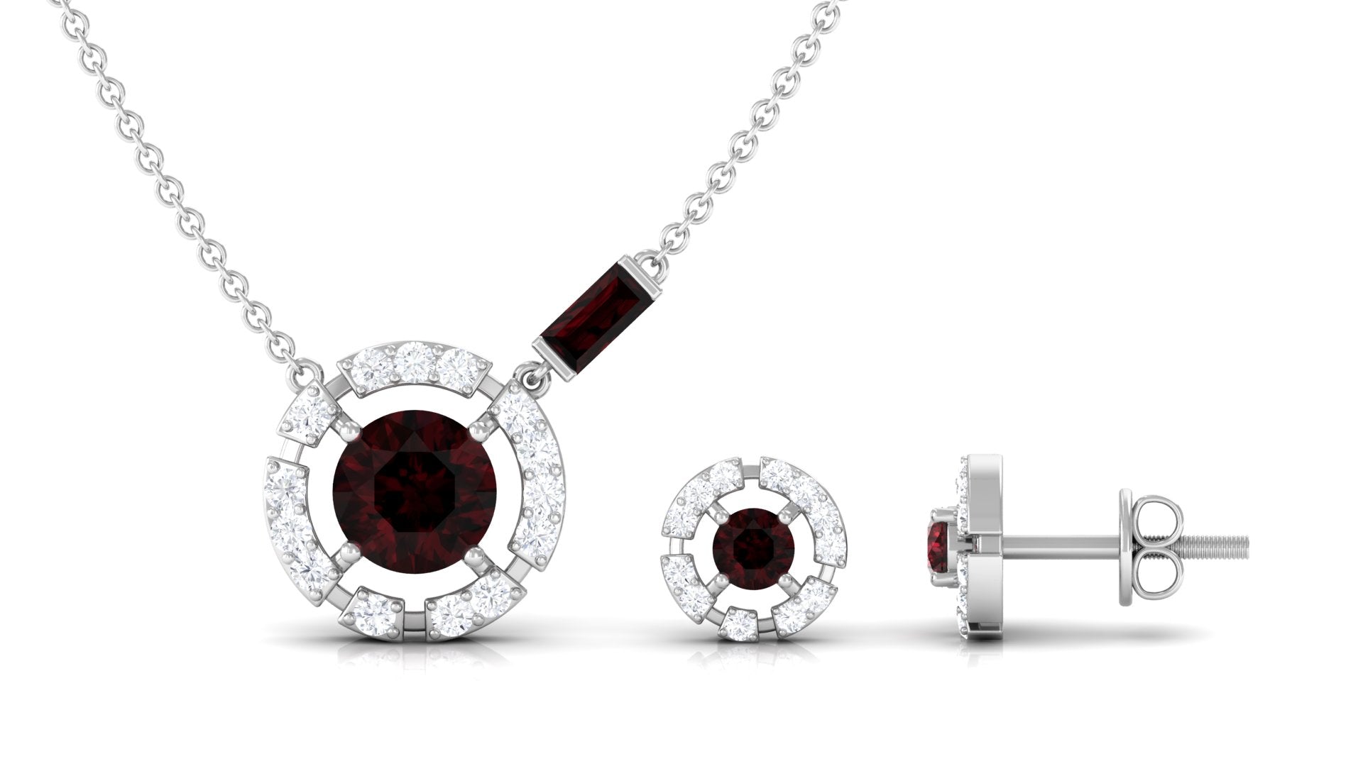 Real Garnet Pendant Necklace and Earrings Set With Diamond Garnet - ( AAA ) - Quality - Rosec Jewels