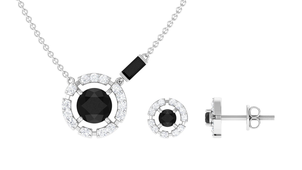 Created Black Diamond and Diamond Halo Necklace Earrings Set Lab Created Black Diamond - ( AAAA ) - Quality - Rosec Jewels