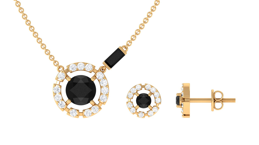 Created Black Diamond and Diamond Halo Necklace Earrings Set Lab Created Black Diamond - ( AAAA ) - Quality - Rosec Jewels