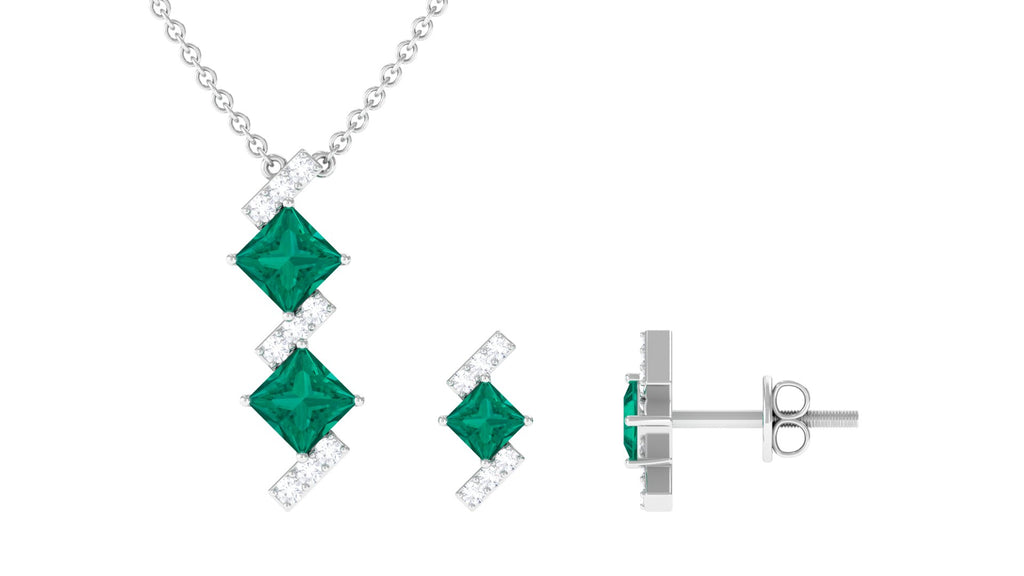 Princess Cut Emerald Modern Jewelry Set with Diamond Emerald - ( AAA ) - Quality - Rosec Jewels