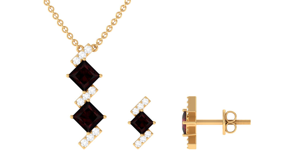 Real Garnet Pendant and Earrings Set with Diamond Garnet - ( AAA ) - Quality - Rosec Jewels