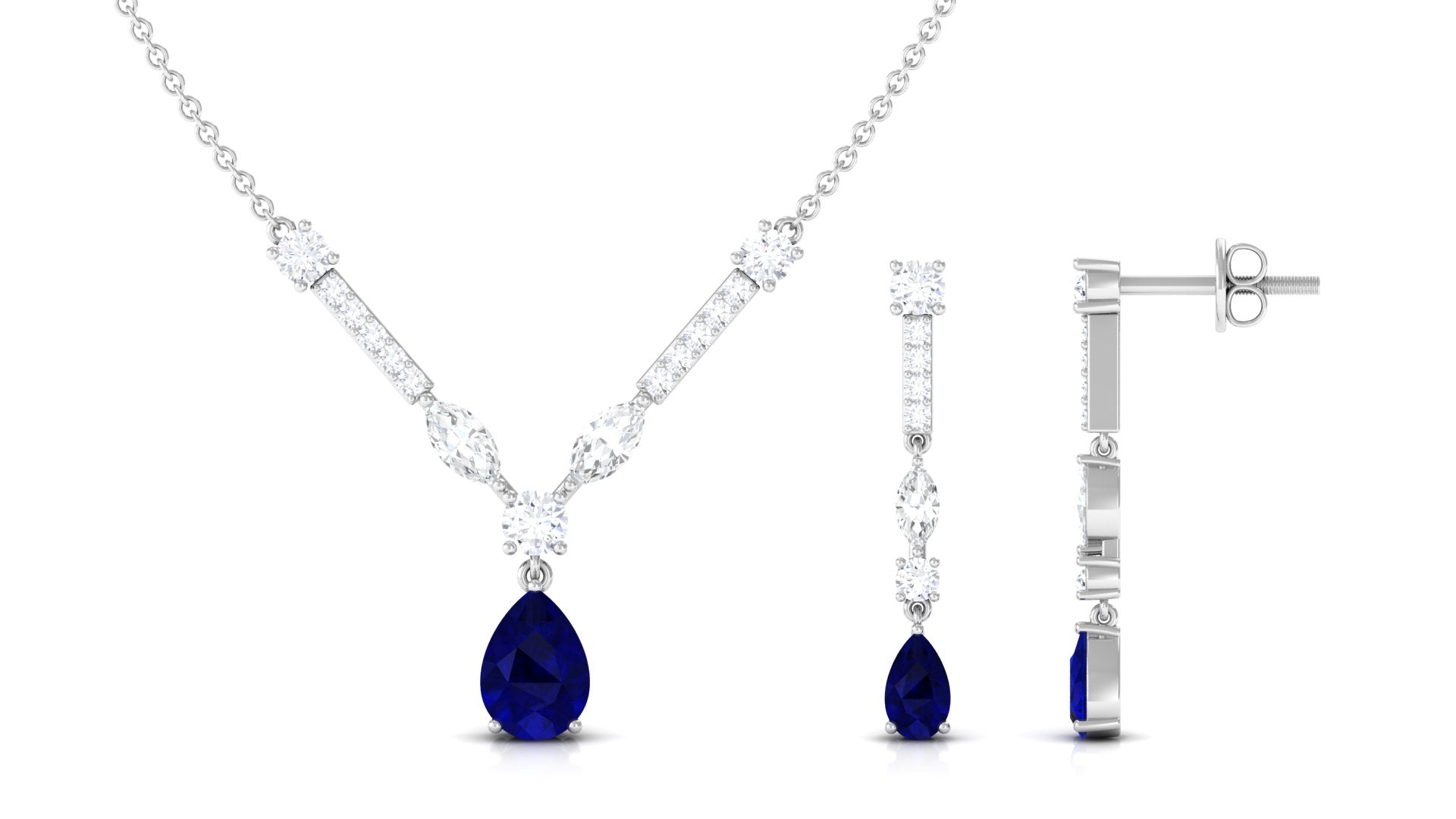 Blue Sapphire and Moissanite Drop Necklace Earrings Set Blue Sapphire - ( AAA ) - Quality - Rosec Jewels