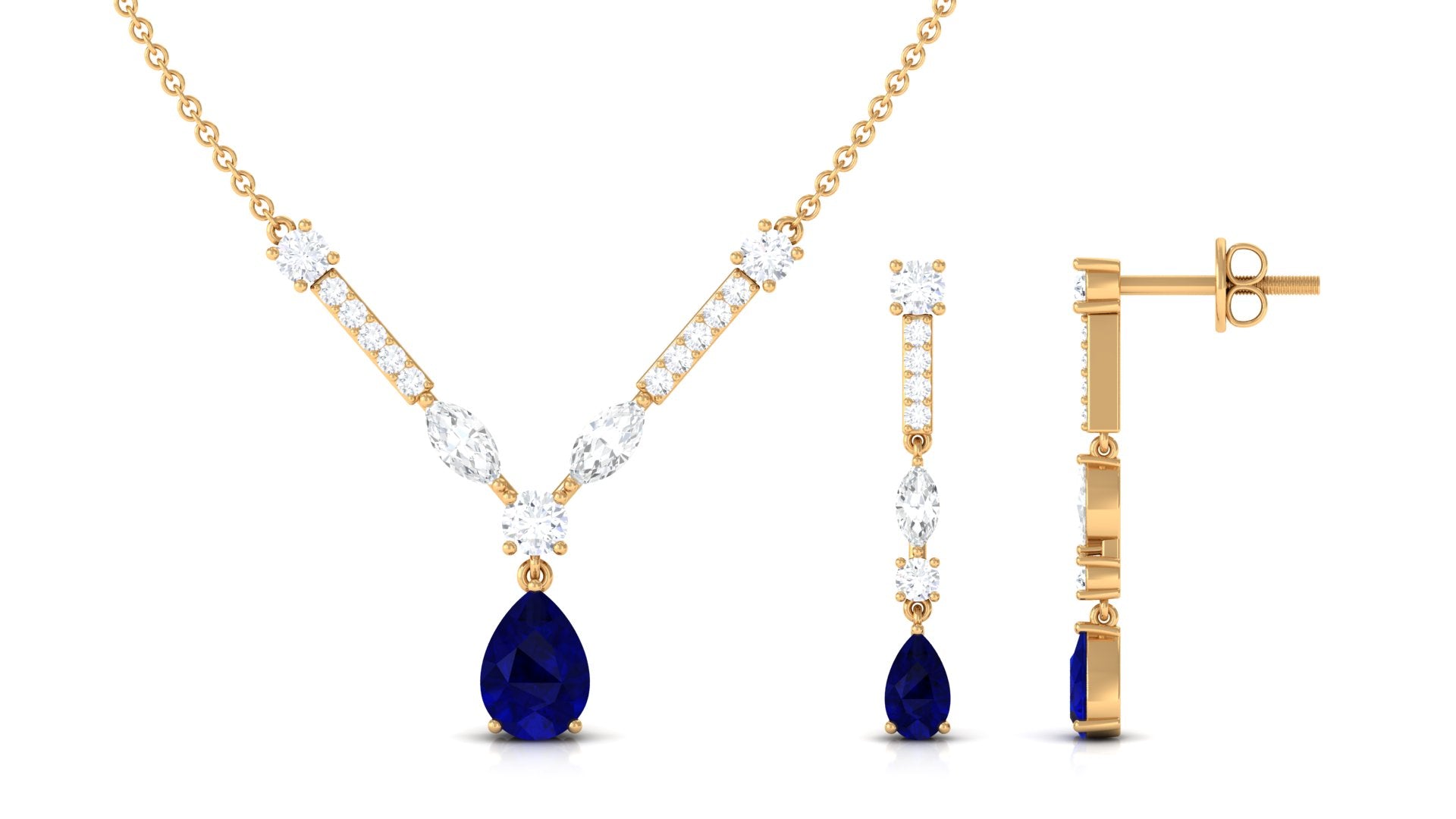 Blue Sapphire and Moissanite Drop Necklace Earrings Set Blue Sapphire - ( AAA ) - Quality - Rosec Jewels