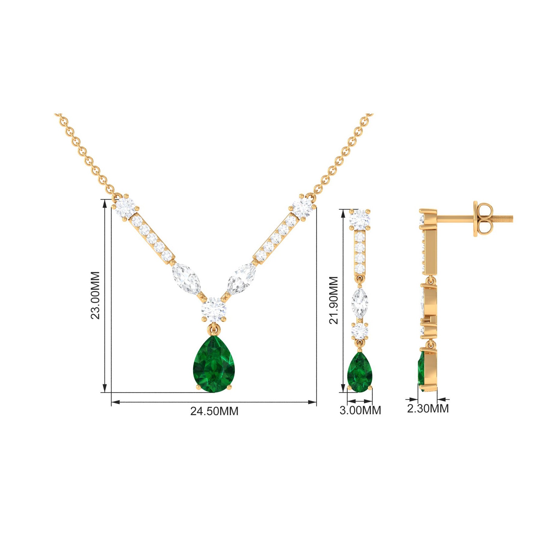 Created Emerald and Moissanite Drop Necklace Earrings Set Lab Created Emerald - ( AAAA ) - Quality - Rosec Jewels