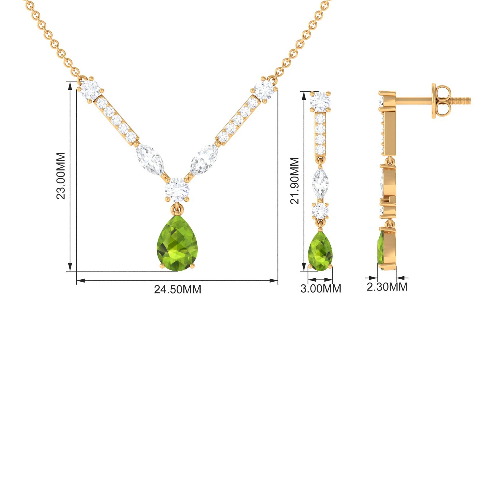 Peridot and Moissanite Drop Necklace Earrings Set Peridot - ( AAA ) - Quality - Rosec Jewels