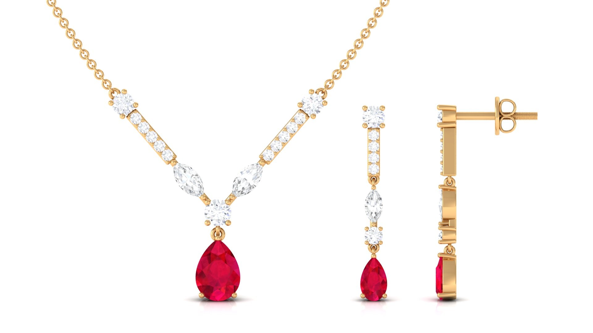 Created Ruby and Moissanite Drop Necklace Earrings Set Lab Created Ruby - ( AAAA ) - Quality - Rosec Jewels