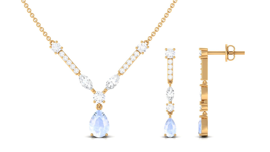 Pear Shape Moonstone and Moissanite Drop Necklace and Earrings Moonstone - ( AAA ) - Quality - Rosec Jewels