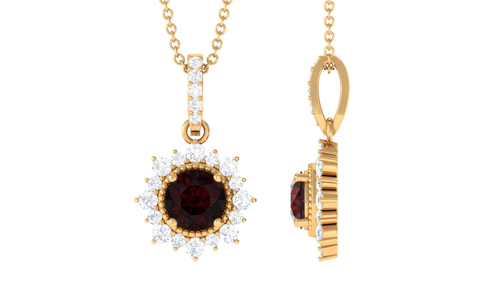 Garnet Beaded Pendant Necklace with Diamond Halo Garnet - ( AAA ) - Quality - Rosec Jewels