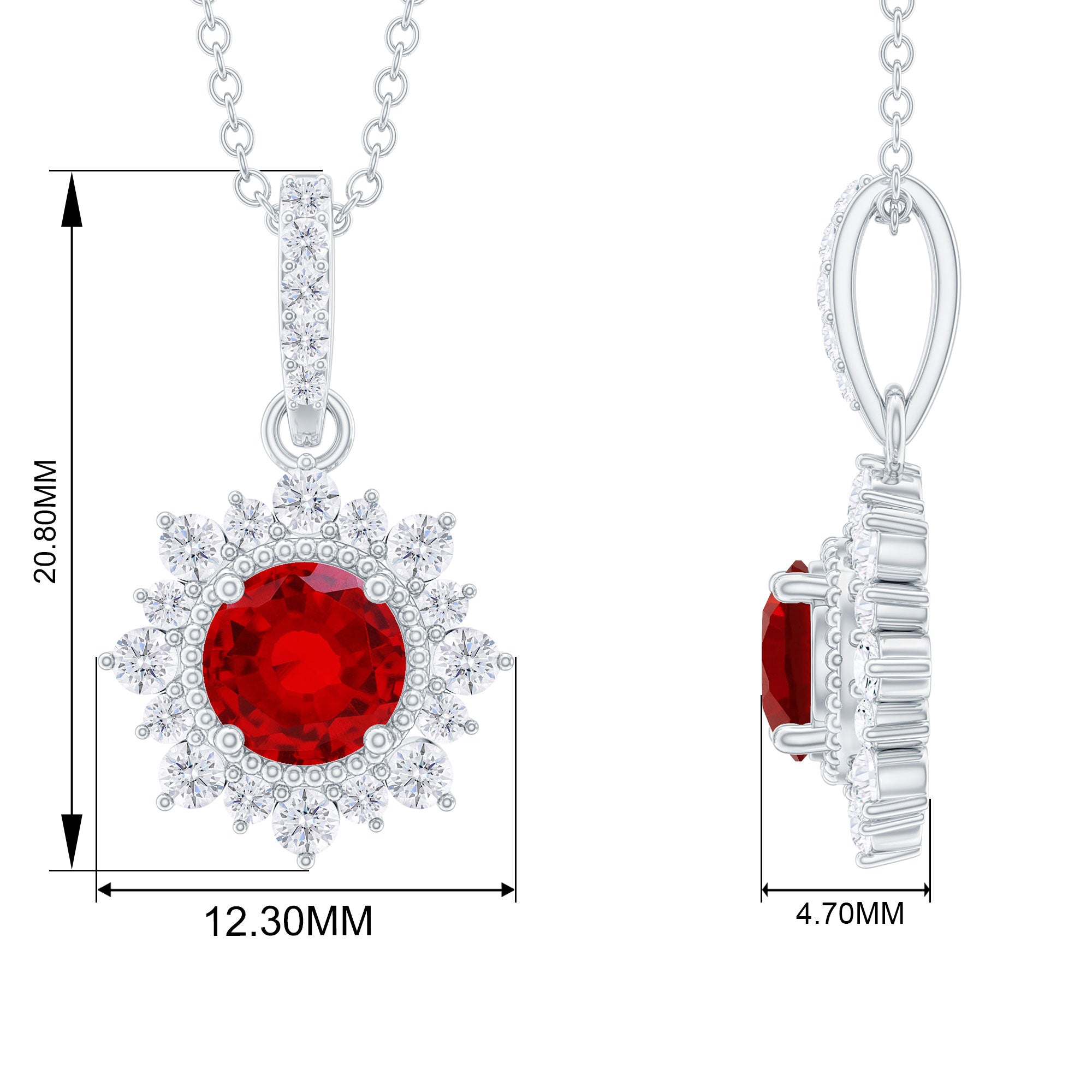Round Created Ruby Halo Pendant with Diamond Accent Bail Lab Created Ruby - ( AAAA ) - Quality - Rosec Jewels