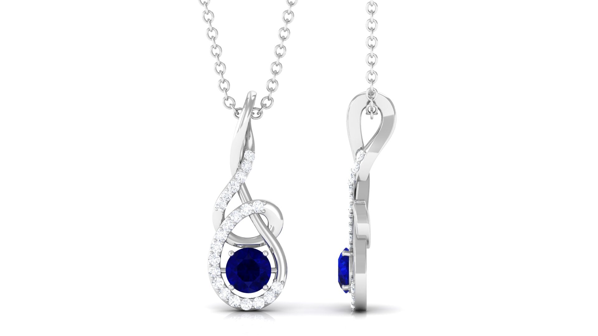 Designer Round Blue Sapphire and Diamond Twisted Drop Pendant Blue Sapphire - ( AAA ) - Quality - Rosec Jewels