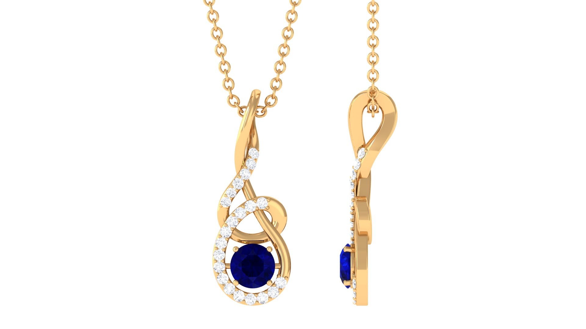 Designer Round Blue Sapphire and Diamond Twisted Drop Pendant Blue Sapphire - ( AAA ) - Quality - Rosec Jewels
