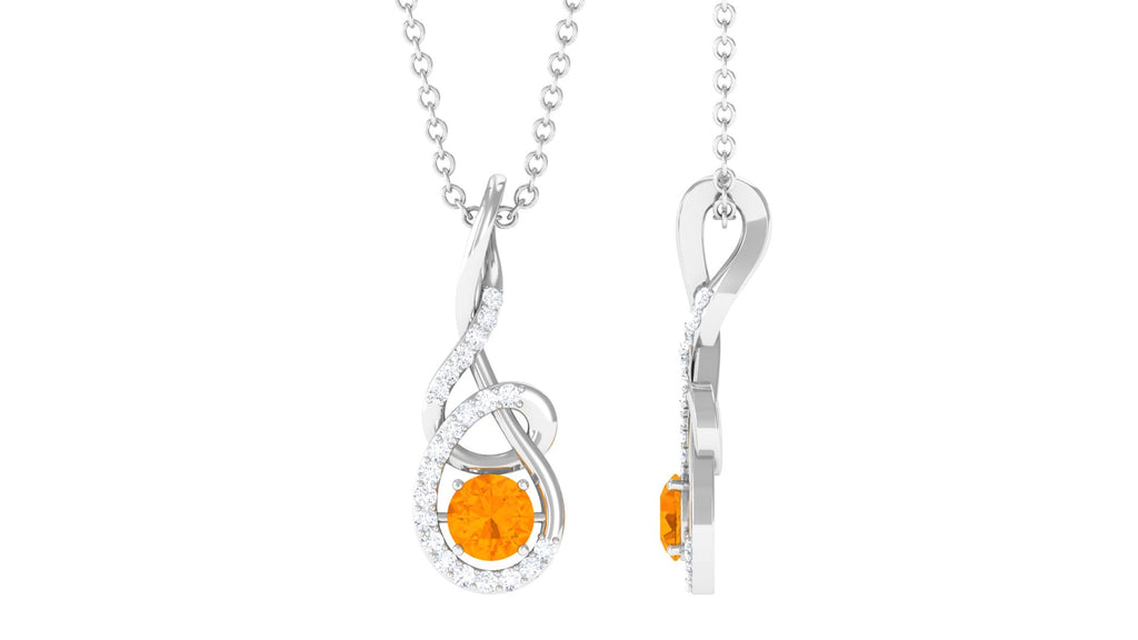 Round Fire Opal and Diamond Twisted Pendant Necklace Fire Opal - ( AAA ) - Quality - Rosec Jewels