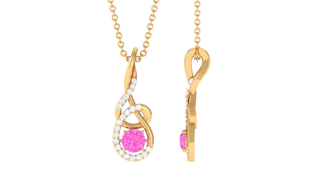 Round Pink Sapphire and Diamond Twisted Pendant Necklace Pink Sapphire - ( AAA ) - Quality - Rosec Jewels