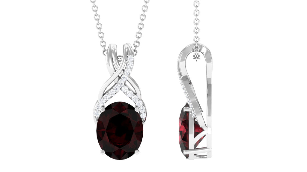 Oval Shape Garnet Solitaire Pendant Necklace with Diamond Garnet - ( AAA ) - Quality - Rosec Jewels