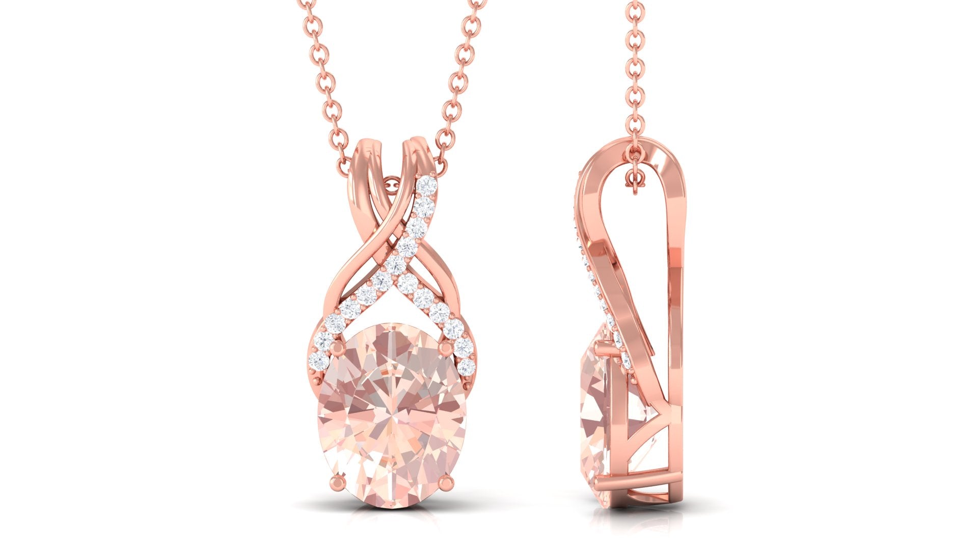 Oval Morganite Solitaire Pendant Necklace with Diamond Morganite - ( AAA ) - Quality - Rosec Jewels