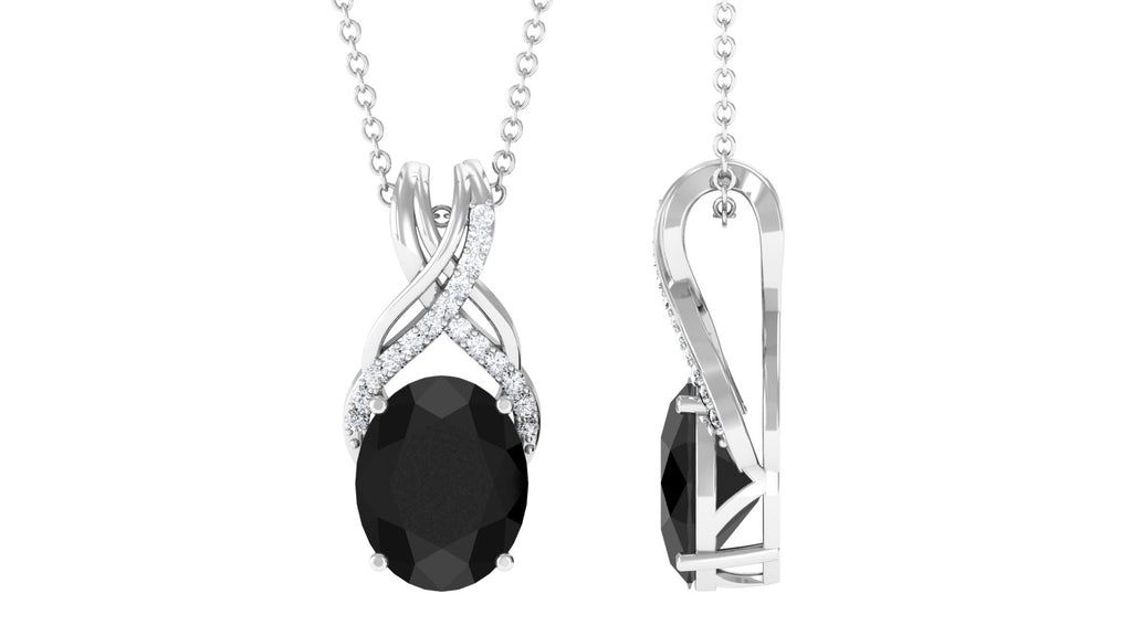 Designer Oval Black Spinel Solitaire Pendant with Diamond Twisted Bail Black Spinel - ( AAA ) - Quality - Rosec Jewels