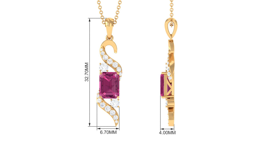 Emerald Cut Pink Tourmaline Designer Dangle Pendant with Moissanite Pink Tourmaline - ( AAA ) - Quality - Rosec Jewels