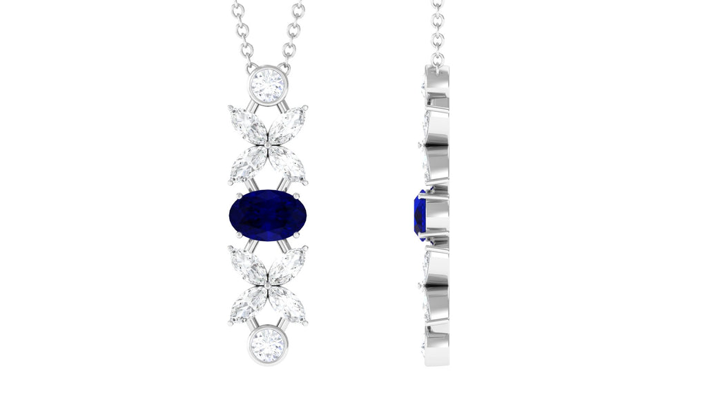 Oval Blue Sapphire and Diamond Flower Dangle Necklace Blue Sapphire - ( AAA ) - Quality - Rosec Jewels