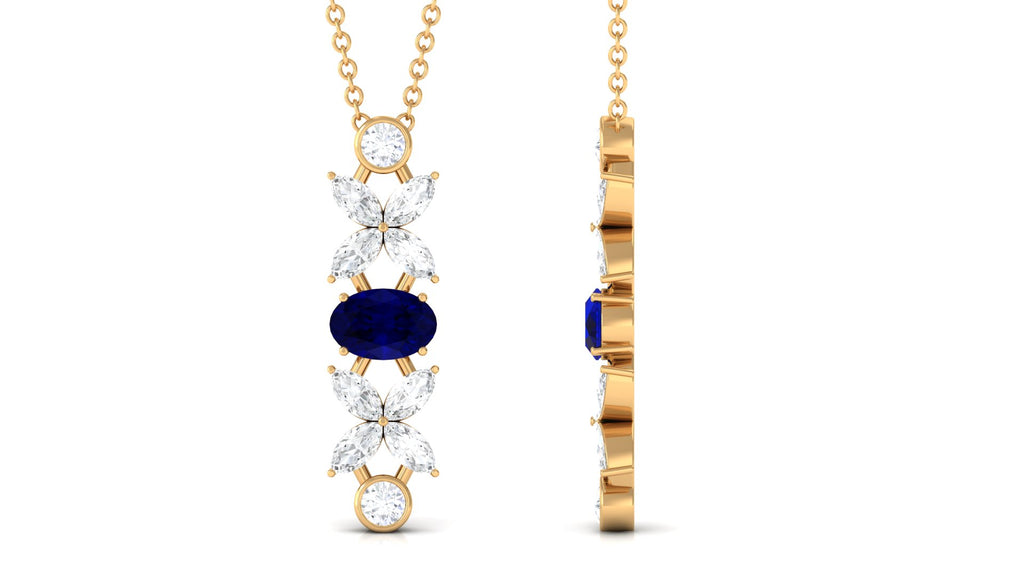 Oval Blue Sapphire and Diamond Flower Dangle Necklace Blue Sapphire - ( AAA ) - Quality - Rosec Jewels
