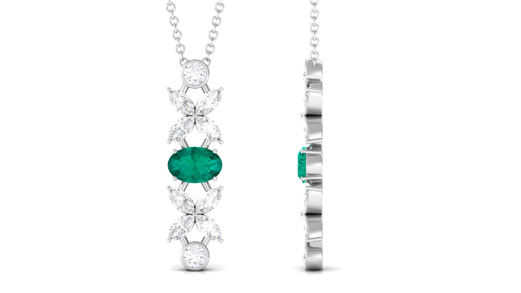 Oval Emerald and Diamond Flower Dangle Necklace Emerald - ( AAA ) - Quality - Rosec Jewels