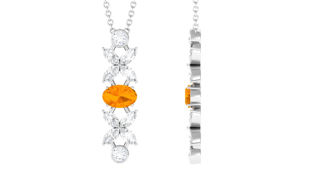 Oval Fire Opal and Moissanite Flower Dangle Necklace in Gold Fire Opal - ( AAA ) - Quality - Rosec Jewels