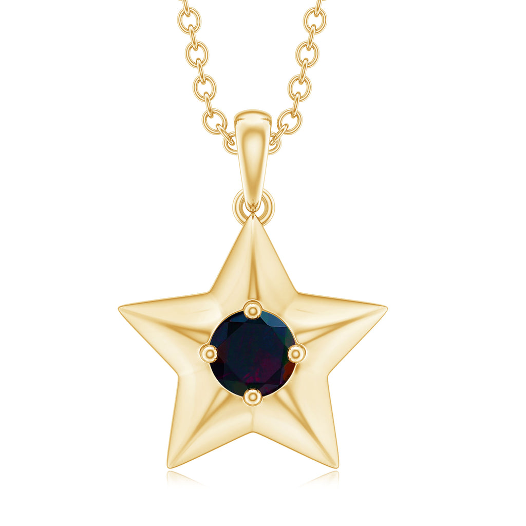 Solitaire Black Opal and Gold Star Pendant Necklace Black Opal - ( AAA ) - Quality - Rosec Jewels
