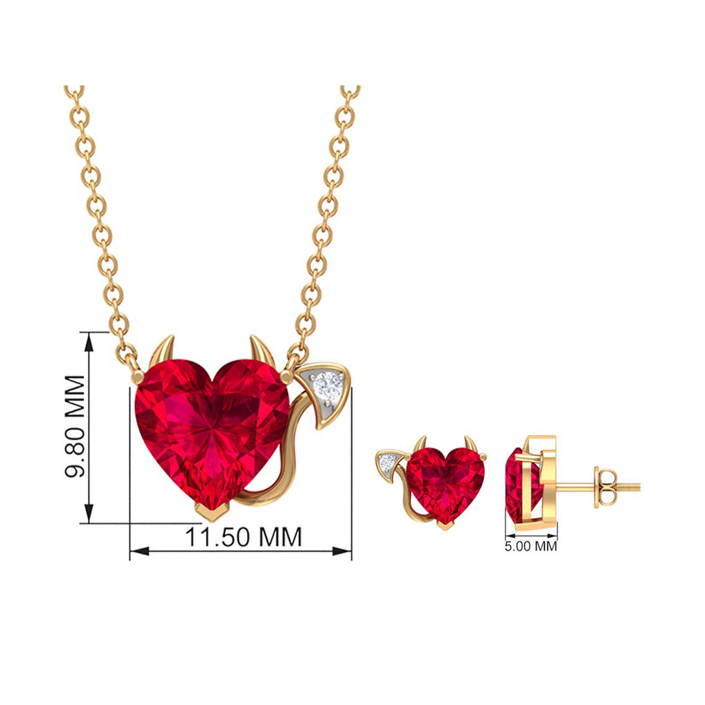 6 CT Created Ruby Devil Heart Jewelry Set with Zircon Lab Created Ruby - ( AAAA ) - Quality - Rosec Jewels