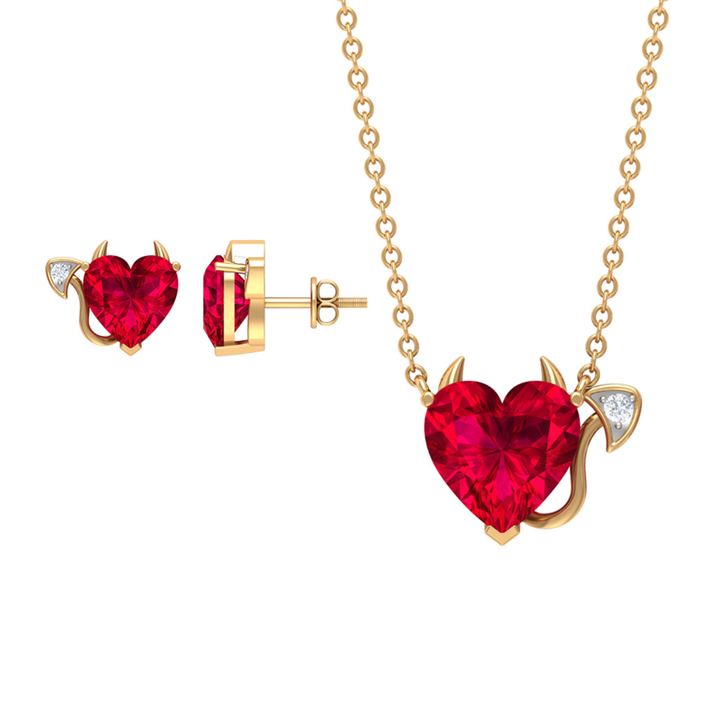 6 CT Created Ruby Devil Heart Jewelry Set with Zircon Lab Created Ruby - ( AAAA ) - Quality - Rosec Jewels
