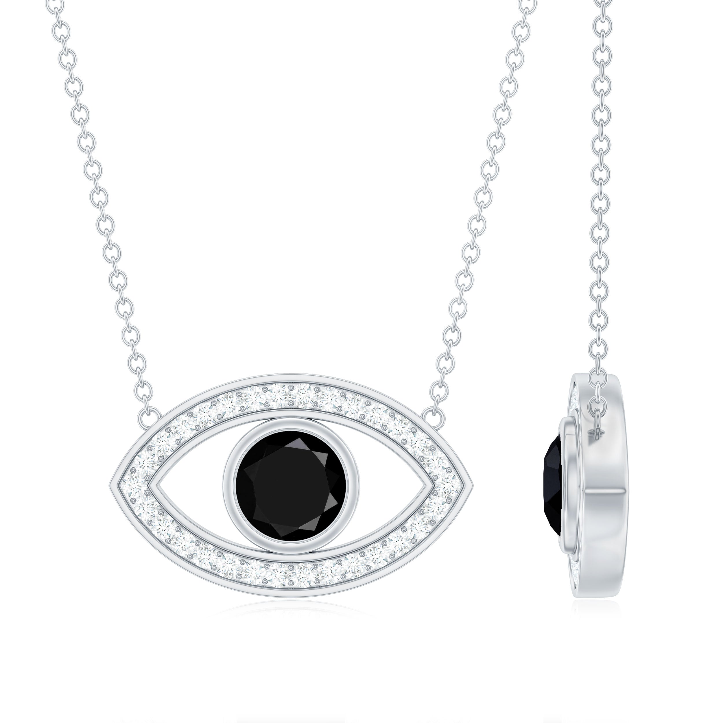 Gothic Round Lab Created Black Diamond Evil Eye Necklace With Diamond Lab Created Black Diamond - ( AAAA ) - Quality - Rosec Jewels