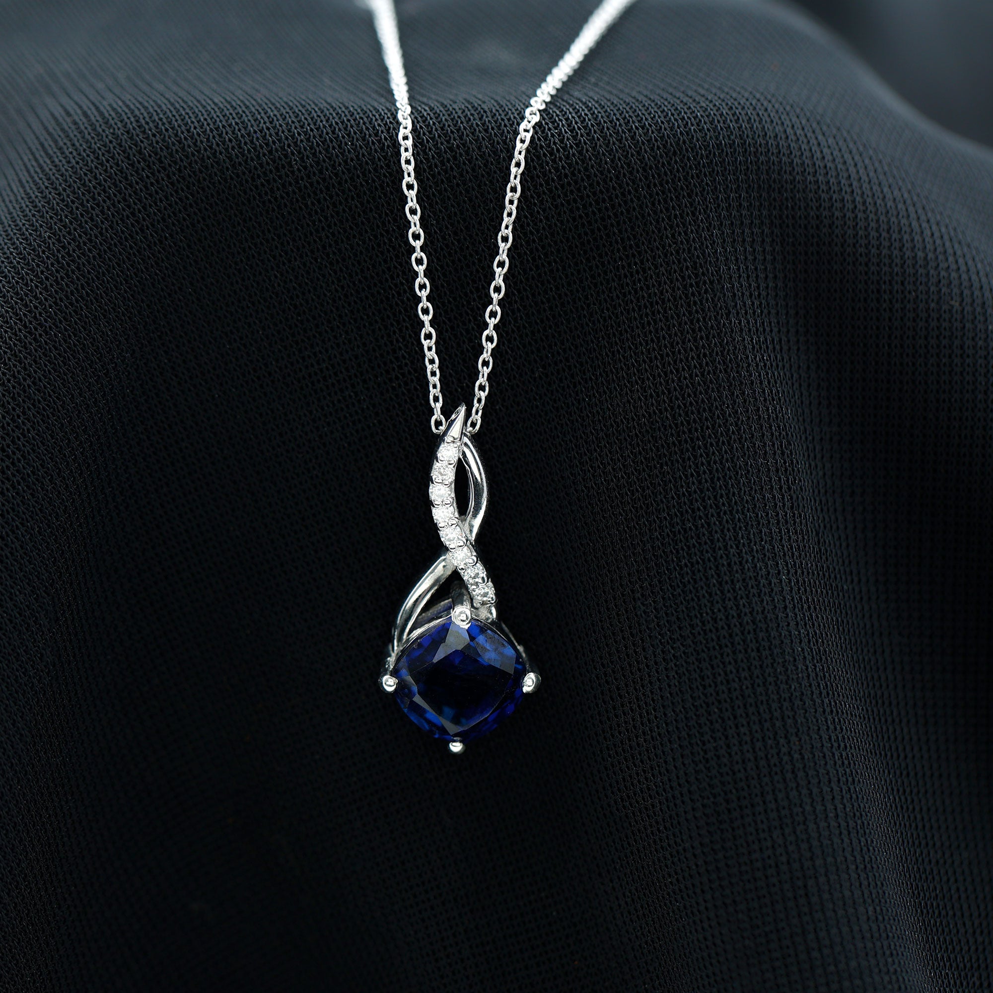 Cushion Cut Created Blue Sapphire Solitaire Infinity Pendant with Moissanite Lab Created Blue Sapphire - ( AAAA ) - Quality - Rosec Jewels