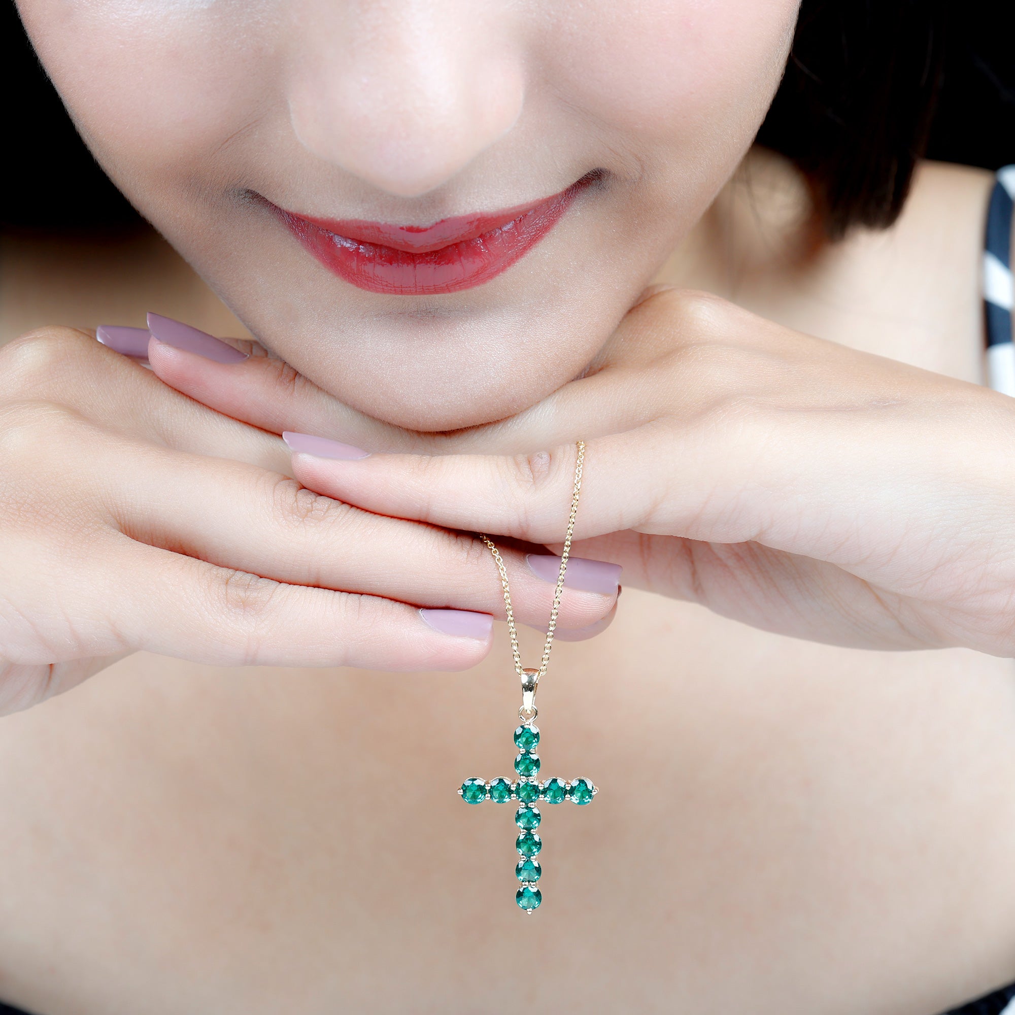 3 CT Created Emerald Cross Pendant Necklace in Gold Lab Created Emerald - ( AAAA ) - Quality - Rosec Jewels