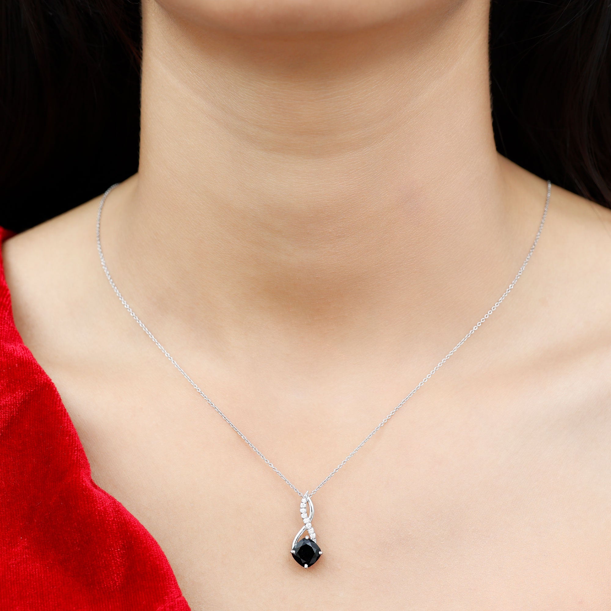 Cushion Cut Created Black Diamond Solitaire Infinity Pendant with Diamond Lab Created Black Diamond - ( AAAA ) - Quality - Rosec Jewels