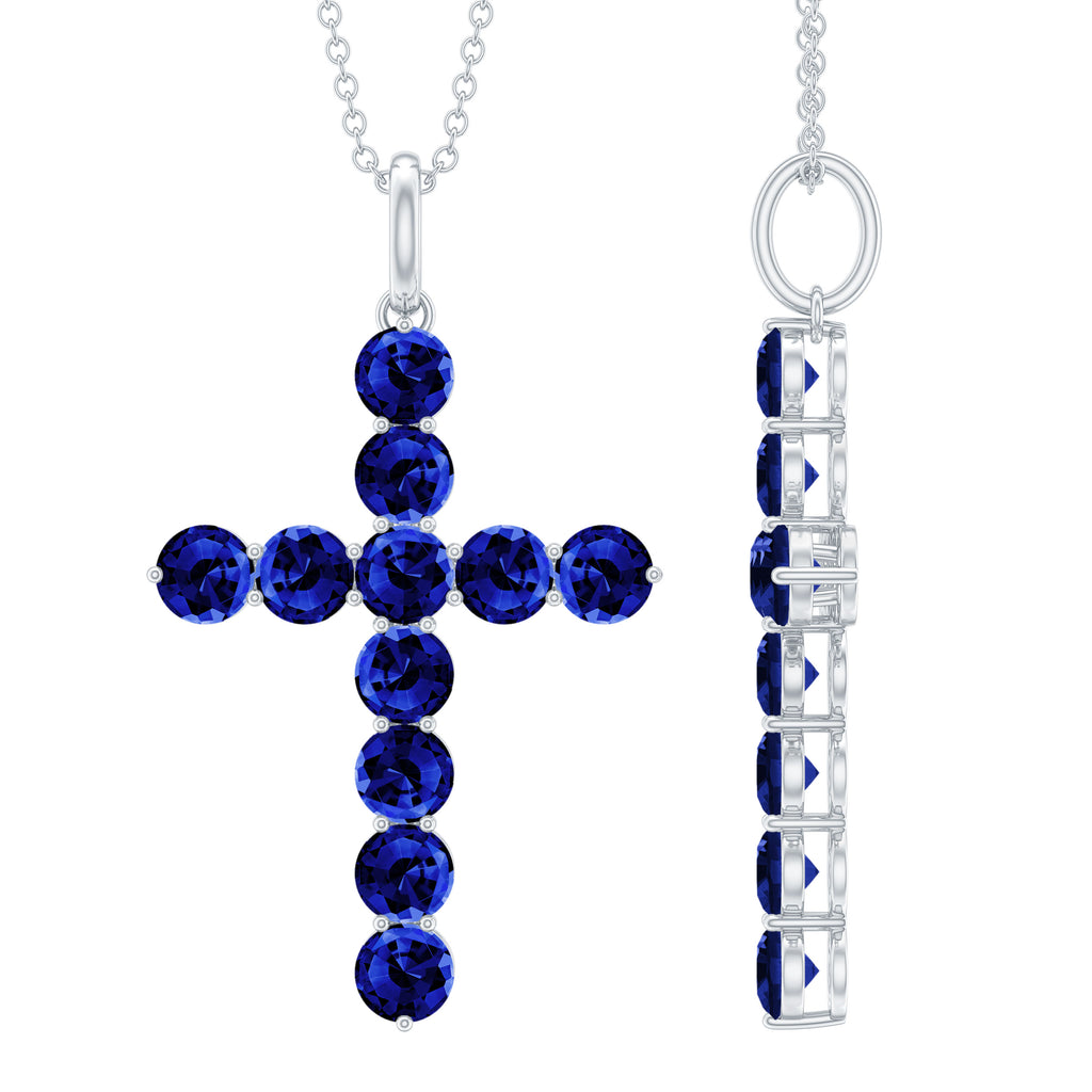 Simple Created Blue Sapphire Cross Pendant Necklace Lab Created Blue Sapphire - ( AAAA ) - Quality - Rosec Jewels