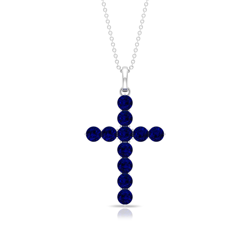 Simple Created Blue Sapphire Cross Pendant Necklace Lab Created Blue Sapphire - ( AAAA ) - Quality - Rosec Jewels