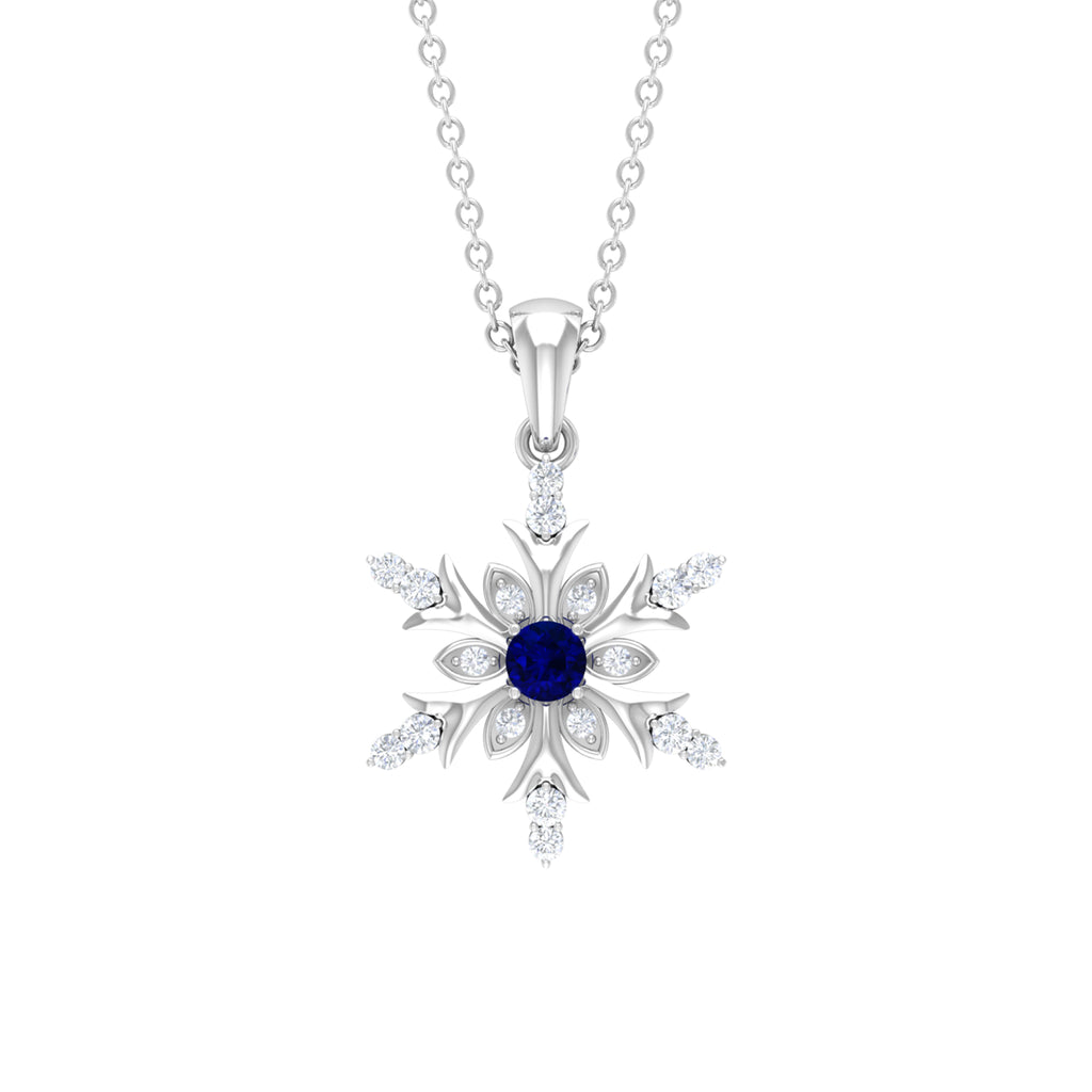 Created Blue Sapphire Designer Snowflake Pendant with Diamond Lab Created Blue Sapphire - ( AAAA ) - Quality - Rosec Jewels