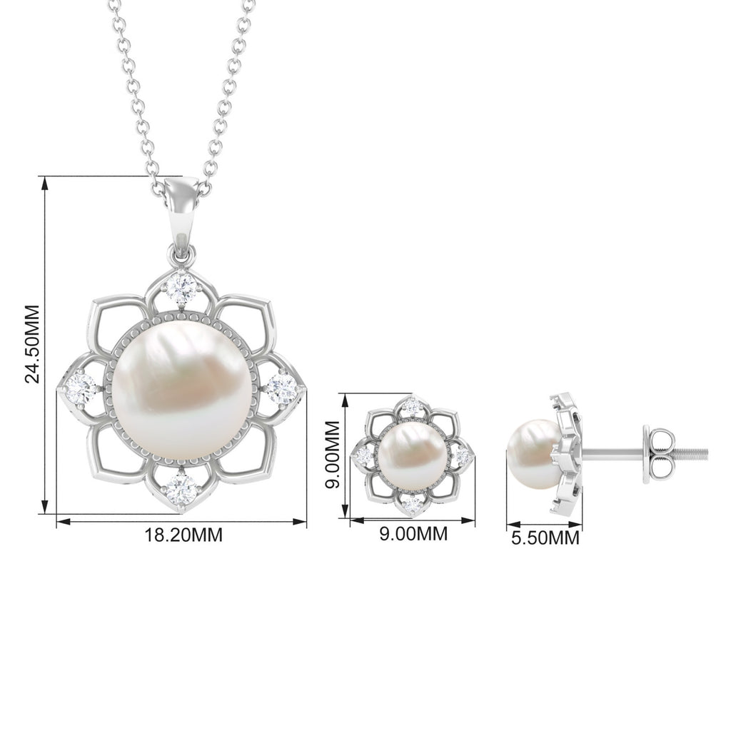 Natural Freshwater Pearl Flower Pendant and Earrings with Diamond Freshwater Pearl - ( AAA ) - Quality - Rosec Jewels