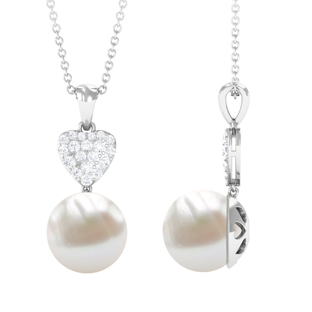 8.5 CT Bead Set Freshwater Pearl and Diamond Heart Dangle Pendant Necklace Freshwater Pearl - ( AAA ) - Quality - Rosec Jewels